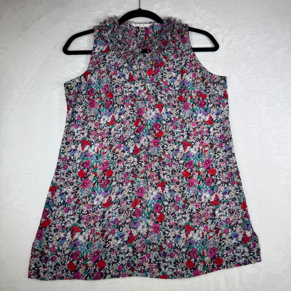 Cabi Womens Top XS Sleeveless Liberty Floral Print Ruffle Collar Button Detail - Picture 2 of 8